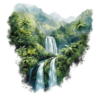 A breathtaking clipart illustration portrays a majestic waterfall as it cascades down a lush, green mountainside. The waterfall is a mesmerizing sight, with water gushing down in a graceful and powerful manner, creating a veil of mist and a soothing sound. The surrounding mountainside is covered in vibrant green foliage, adding to the scene's natural beauty and tranquility. Artist: This captivating clipart illustration is crafted by a skilled artist specializing in nature and landscape illustrat