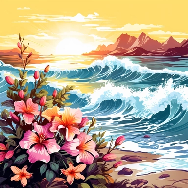 artwork majestic beach in digital painting style , beautiful flowers, sunrise mountains and clouds , big sea waves, water splashes, white background, colorful fantasy flower sorround, highly detailed clean, vector image, photorealistic masterpiece, professional photography, realistic, flat white background, isometric, vibrant vector, clipart, illustration, realism, 4k, , cinematic, front view, white background