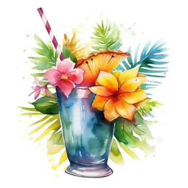clipart, pinacolada cocktail, watercolor, white backround, bold outlines, hd, flowers