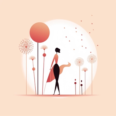 very basic forms illustration clipart, with very basic colours, light pink and brown shades, representing the success that women are constantly looking for, with a small silhouette of a lady walking towards the goals, with tiny flowers, very minimalist