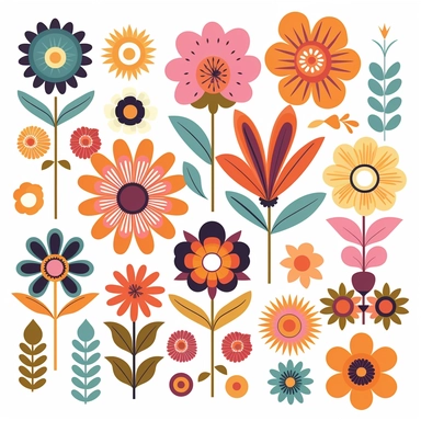 70s Retro Flower Clipart Elements Vector Design on white background