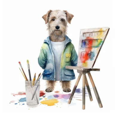 a vibrant watercolor clipart image with a white background, showcasing a talented dog artist wearing a smock and holding a btush