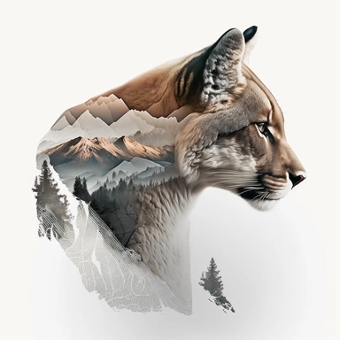double exposure shot, profile of a Cougar head filled with mountains forest landscape,white gray tawny black fur, character design, half realisitic with intricate details half geometric, clipart isolated on white background