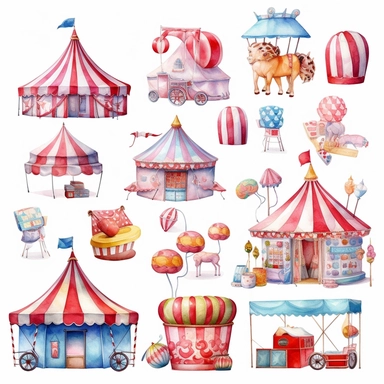 Watercolor style, travelling circus, individual clipart of candy floss, tent, acts and food variations, hyper realistic detailed clipart, on a white background, 8k