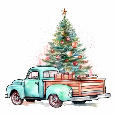 High resolution christmas tree put a long tree in the back of a pickup, grid, contemporary diy, white background, mixed patterns, realistic, scrapbook, high resolution, , style by Lucy Fleming, watercolor, smooth gradients, black contour outline, ultra de