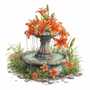 Large fountain and Small realistic Tiger Lily flowers around it, watercolor clipart, isolated white background, high resolution, very detailed, 32k