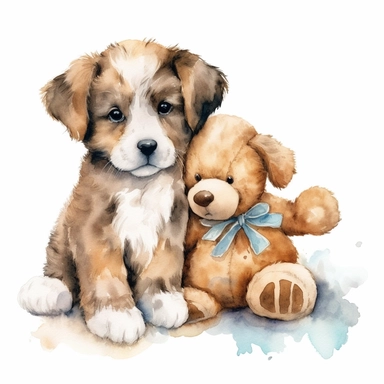 Watercolor puppies playing, with soft toy Clipart - cute dogs , Colour of brindle brown and cream, white background, vector art, high definition, clip art, ar 2:2