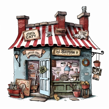 a vintage butcher shop, quirky and whimsical, clipart on white background