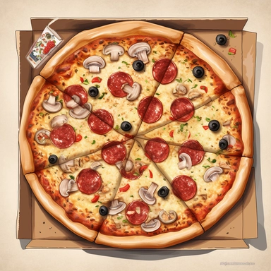 An intricately detailed illustration of a pizza in the pizza box, rendered in a realistic style with rich textures and shading to evoke a sense of depth and realism. The mood is sophisticated and indulgent, with a focus on the decadent toppings and high-quality ingredients. The lighting is soft and warm, creating a cozy ambiance. Vector illustration, clipart, white background.