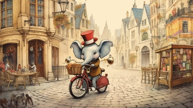 A whimsical chibi-style illustration showing a dapper elephant, trunk swinging in rhythm as he rides an antiquated, large-wheel bicycle. The tuba he carries lets out melodious notes, adding to the jubilant ambiance. The backdrop, a cheerful vintage townscape with cobblestone streets and quaint houses, adds to the storybook charm. Created digitally with a Wacom Cintiq Pro using Clip Studio Paint, utilizing watercolor and pencil brushes for a warm, hand-drawn look