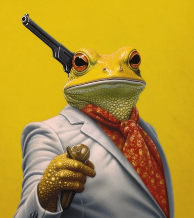 american old fashioned a frog with a gun clip art stlaaayb, in the style of brian bolland, nickolas muray, realist detail, yellow and crimson, blink-and-you-miss-it detail, dino valls, joyful and optimistic