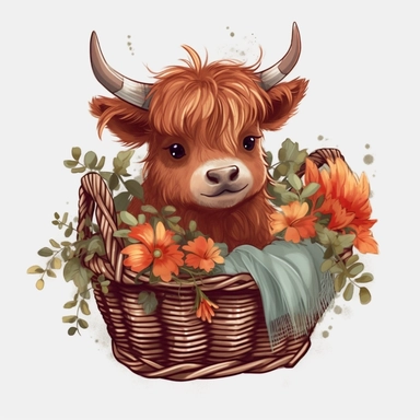 highland baby cow with floral blooms in a basket, clipart element, 4k
