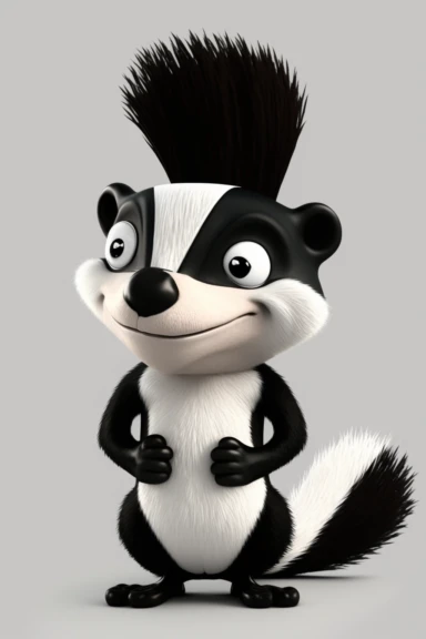 no text, 3d whole body clipart of a smiling, friendly skunk, cartoon network style, friendly face, head unproportionally bigger than body, detailed body shape, front shot, insanely big shiny eyes, caricatured face, insanely glossy, plastic like fur and skin, light background, unrealistic, 8k photography, cinematic, super cute face, Photography, Ultra-Wide Angle, Depth of Field, hyper-detailed, beautifully color-coded, insane details, intricate details, Unreal Engine, Cinematic, Editorial Photogr