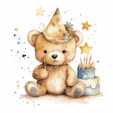 cute watercolor newborn soft beige baby bear toy smiling with stars and birthday cake, watercolor effect, isolated white background, babyshower clipart, soft beige tones