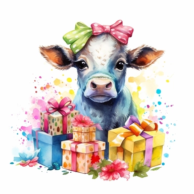 please create watercolor clipart of a baby cow, smiling, wearing party clothes with birthday presents, vibrant colors, intricate details, isolated on white background, vivid colors, hdr, 8k