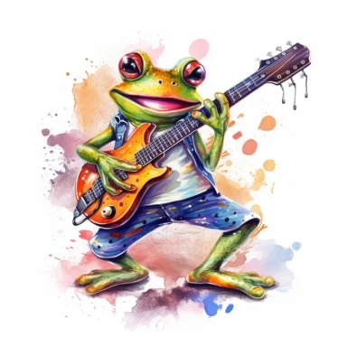 cute Frog character wearing rock music clothes and music element with happy face,front facing on isolated background,with happy face and expression,Animal Sublimation Clipart,no splash watercolor,white background, ultra detailed clipart, cut out image, colorful watercolor realistic, cartoon style, ultra HD, sharp and clean art