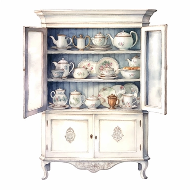 watercolor, hyper realistic, white background, white margins, 16k, ultra detailed clipart, cut out image, hand-drawn vintage white cupboard with a distressed finish and glass doors, displaying delicate porcelain teacups and saucers.