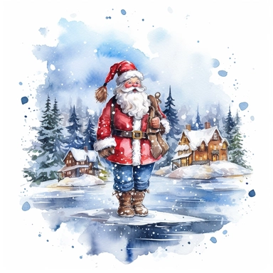High resolution Christmas theme Watercolor Cute santa claus wearing blue Clipart Collection in beautiful winter landscape with a lot of snow and a small lake, christmas theme, detailed, isolated, white background, one pattern 8k