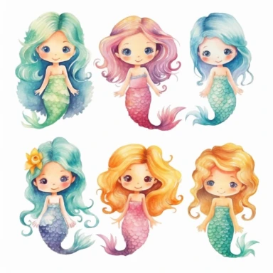 very simple watercolour childrens book style drawing of different isolated happy cute mermaids , pastel colours soft on white background for clipart, 8k