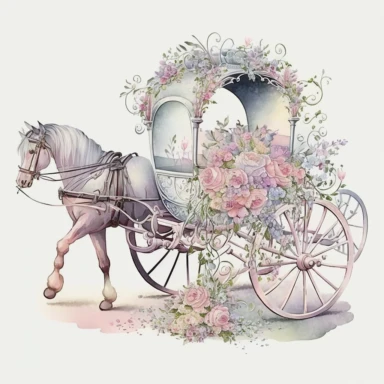 beautiful watercolour pastel fairy flower beautiful detailed wedding horse drawn carriage, wedding carriage , horse and cart, Clipart style, transparent background