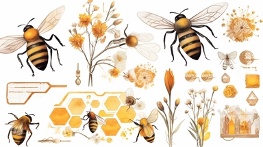 Watercolor honey bee clipart in isolated white background, beehives and flower arrangements, spring garden bee and honey drops, in the style of luxurious fabrics, golden and red hues, colorful, spring garden bee and honey drops, storybook-like, bloomcore, gold leaf accents, precis thin lines, pastoral charm, digital print, beatrix potter