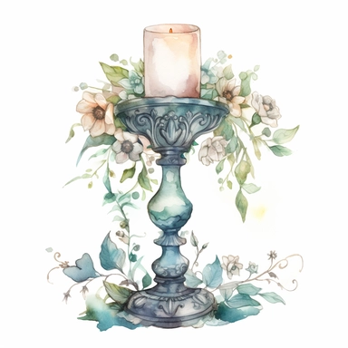 water color, one, 1, old Victorian candle holder covered in vines and flowers, late night, in a cottagecore style, white background, clipart style