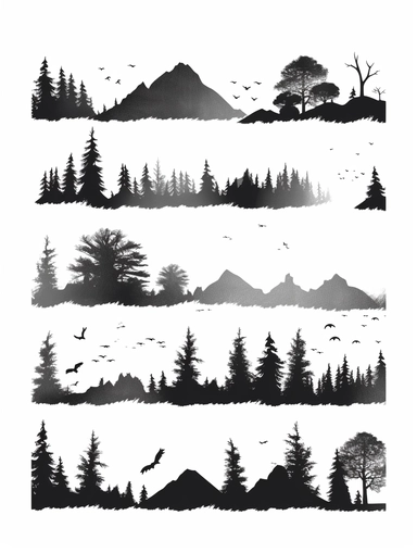 mountain silhouettes download cliparts, in the style of bob ross, alex katz, tattoo-inspired, birds-eye-view, wood, black and white contrast, charles addams