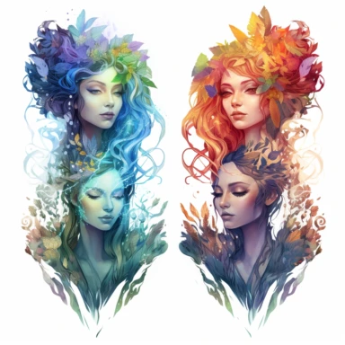 Ethereal nature elemental witches, representing (earth, fire, water and air )Clipart sheet in the style of Anna Dittmann, vivid, separated with a margin, white background