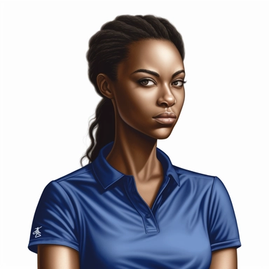 photo-realistic, partial profile, waist-level view of beautiful, speaking angry, with piercing black onyx eyes, physically fit African American woman, age 25, wearing a very stunning royal blue polo shirt, waist view on white background for vector clipart