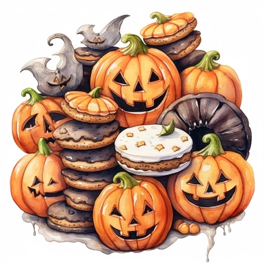 Ella bailey watercolour illustration with black gel pen outline style Halloween cookies, high definition, 8k, insanely detailed, fine detail, sharp focus, illustration, white background, isolated clipart vector