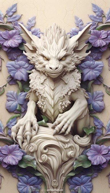 friendly gargoyle, Ivory and purple flowers, Leaves, vintage Pastel Cream Background, Smoke Petals, Maximalist, Hyper Detailed, 3D rendered, 8k polished, Hyper Realistic Intricate details, hyper realistic, intricate detail, painting, shabby chic, clipart