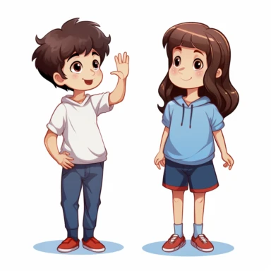 boy 8 years old raised his hands up, girl 6 years old thinking, standing in full size, illustration for children, sticker, vector style, vector style illustration, minimal image, clipart, simplified, vector images, Simplified style