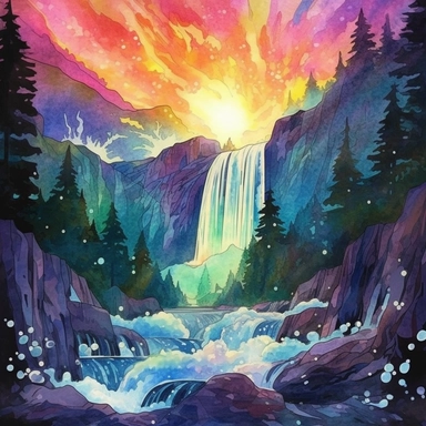 holographic waterfall scene using watercolor clipart. unique waterfall design with waterfall taking different paths to fall down. The lighting should be normal and the colors should be both artsy and lifelike. mesmerizing and incredible. The best view for the composition. the watercolor art style does not cause confusion with the actual water in the scene. holographic water.
