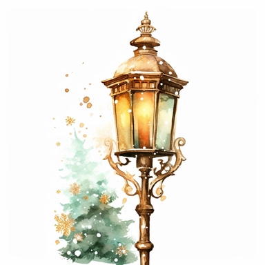 ector watercolor vintage gold Christmas lantern lamp post with Christmas style holiday decor clipart on white background, winter, vintage holiday Christmas lamp post decorated, gold color scheme, photorealistic, ultrarealistic, no background, on white
