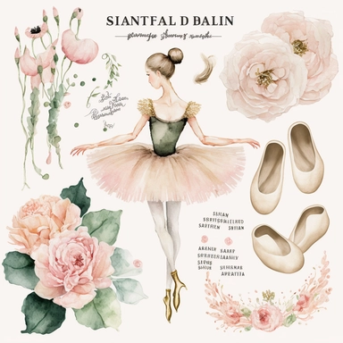 Ballerina Fashion Girl Clip Art Watercolor Clipart Ballet Dance Swan Dancer Tutu Pointe Shoes Flowers Hand Drawn Planner Sticker Graphics on white background with margins