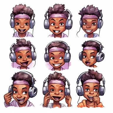 a watercolor Kawaii looking gamer chibi of an African American guy on white background as clipart. 6 panels with very different emotional expressions.
