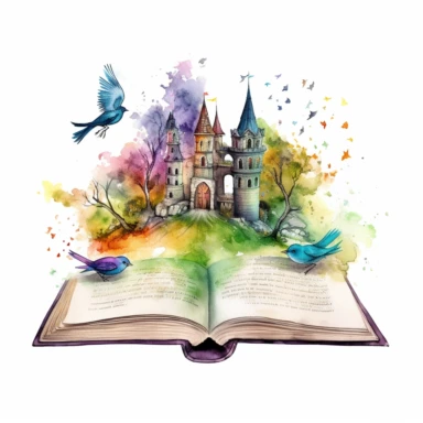 Watercolor Fantasy open Books Clipart with fantasy castlle, birds, the perspective is from a road from forest mistic look, magic colorful admosfere, hight quality white background