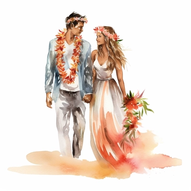 Watercolor wedding clipart of a bride in a beach wedding dress with a flower crown and a groom in a Hawaiian shirt