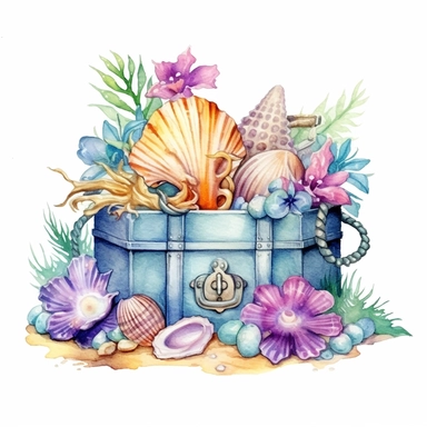 clipart, isolated on white background, Watercolor spring ornated treasure chest with jewelry on the beach, sea animals, detailed, flowers, ornated, pastel colors