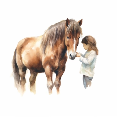 realistic watercolor drawing of a woman hand feeding a pony on a charming farm, on a white background where the background will be removed to repurpose as a clipart.