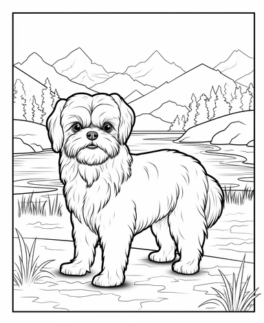 expert coloring page style of realistic of Shih Tzu Dog breed Clipart, simple lake background, simple line art, line is crisp and clean, easy to color