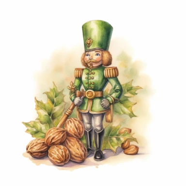 Christmas Nutcracker, Gold and Green, colors in watercolor pencil drawing style, on a white background, walnuts near the nutcracker, clipart, high details, hdr, hyperrealism