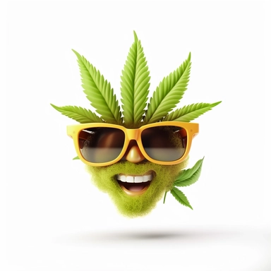 Clipart of a mellow cannabis bud with sunglasses and a smile on a white background