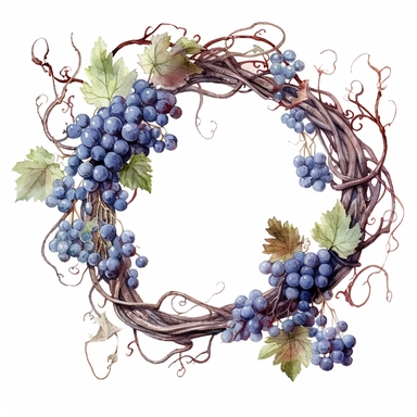 watercolor ultra realistic and hyper detailed illustration of a Grapevine wreath with intertwined branches, clipart, white background