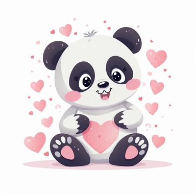 baby panda with hearts clipart, vector cartoon nursery illustration, flat illustration, pastel colors, white background, very low detail, ar 2:3