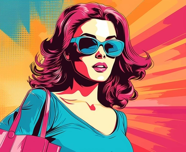 shopping pop art girl with shopping bags pop art vectors and clipart, in the style of strong facial expression, dark pink and azure, vintage poster design, uhd image, pictorial, mono-ha, slawomir maniak