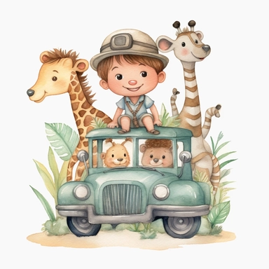 Watercolor clipart, A super cute happy boy and safari animals, in a jungle jeep, illustration watercolor style, minimalistic, clipart, children's book illustration, hd, 16k, 4k, isolated white background, single design, single object, watercolor illustration by mark ryden, print on demand image, PNG transparent background, solid white background for Clipart