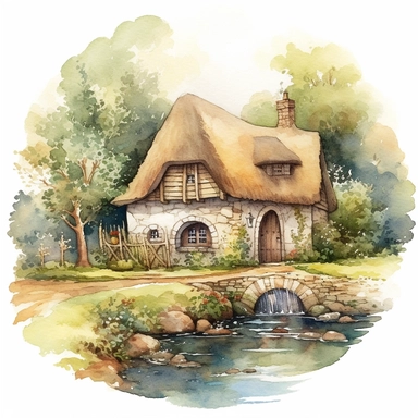 watercolor clipart artwork showcasing the beauty of an ancient medieval cottage surrounded by nature's tranquility. The cottage, situated alongside a calm and meandering river, features a charming waterwheel that turns gracefully, adding a touch of whimsy to the scene. The artist's meticulous attention to detail brings the rustic cottage to life, with textured stone walls, a thatched roof, and vibrant vegetation. Against a pure white background, the watercolor medium creates a soft and dreamy at