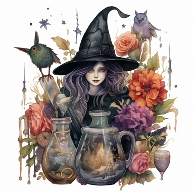 dark arcadie witch clip art, watercolor, potions, magic, cat , broom, sparkles, book, roses, vines, cowbwebs, spiders, bats, fantasy
