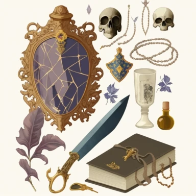 mirror, skull, sword, scroll, diamond, necklace, old books clipart